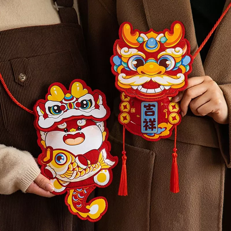 Envelopes vermelhos estilo chinês com corda, Envelopes bonitos de ano novo, bolso hongbao, bolsa padrão dragão chinês, presente infantil, 2024