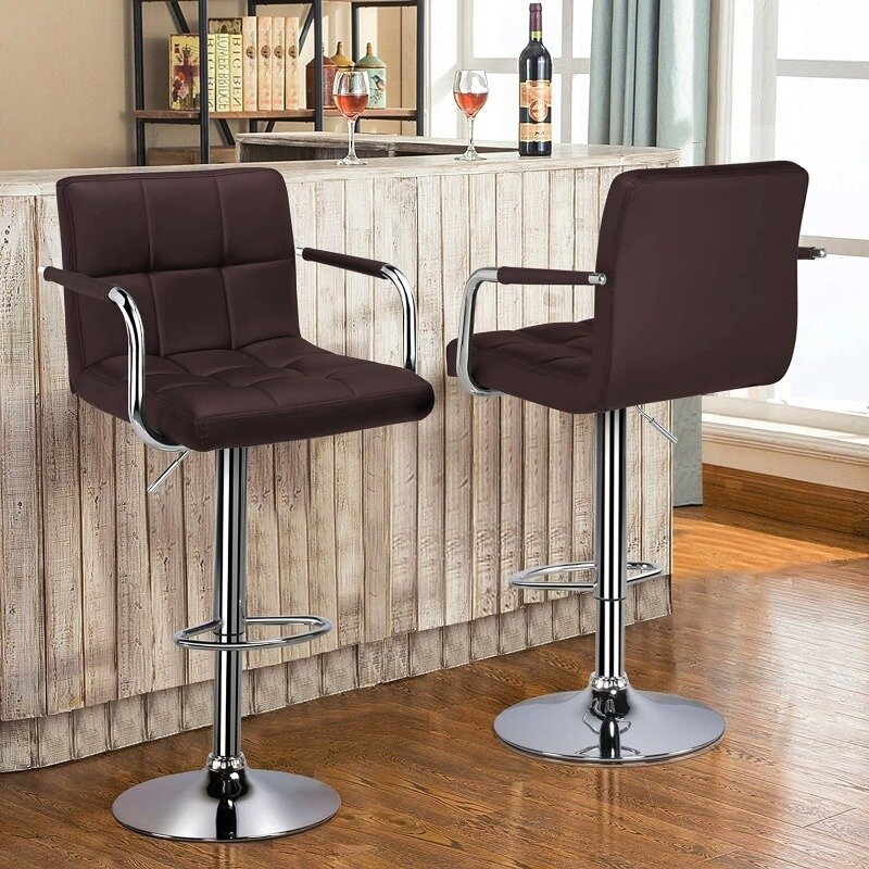 Taburetes altos de Bar, Juego de 2 taburetes cuadrados modernos de cuero PU, ajustables, altura de mostrador con brazos y respaldo, sillas de Bar