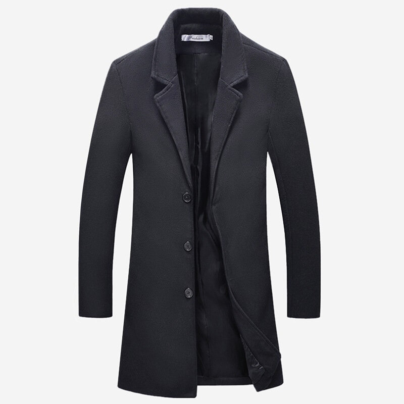 Novo negócio masculino fino médio longo blusão masculino cor sólida grande tamanho casaco de lã à prova de vento casaco quente M-5XL