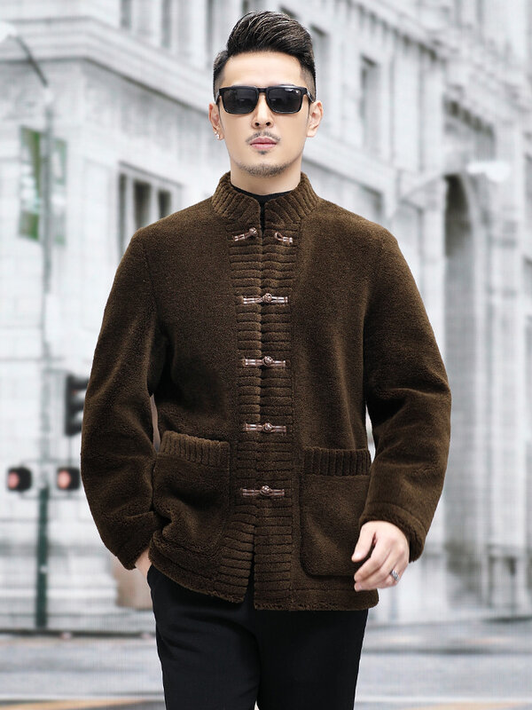 Модное мужское теплое пальто из овчины 2023, мужская верхняя одежда с воротником-стойкой из натурального меха, мужские Куртки из натуральной шерсти, P513