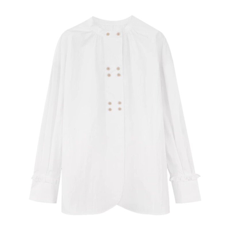 VANOVICH-Camisa blanca de doble botonadura de estilo chino Vintage, camisa informal holgada con pliegues y cuello levantado, nuevo diseño de temperamento, Primavera