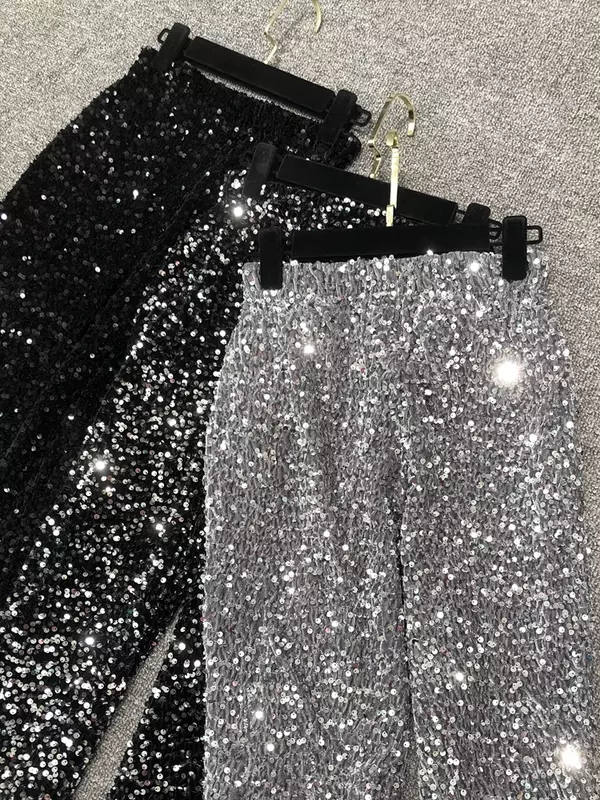 High Waisted Streetwear  Loose Micro Flared Show Tall Waist Trousers of Silver Pants To Mop The Floor Female  Pants