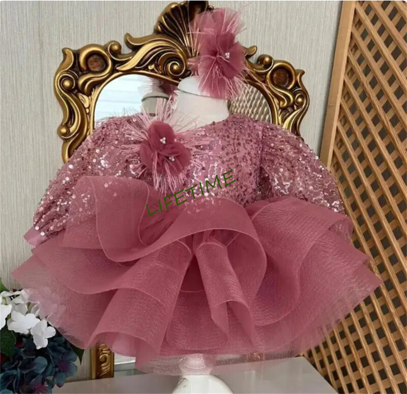 Fancy Pink Tulle Dress Baby Girl Dress Sequined Long Sleeve Toddler Birthday Dress Special Occasion First Communion Gowns