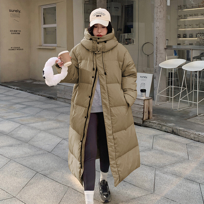 Новое однотонное длинное прямое зимнее пальто, Повседневная Женская парка, стильная зимняя куртка с капюшоном, женская верхняя одежда