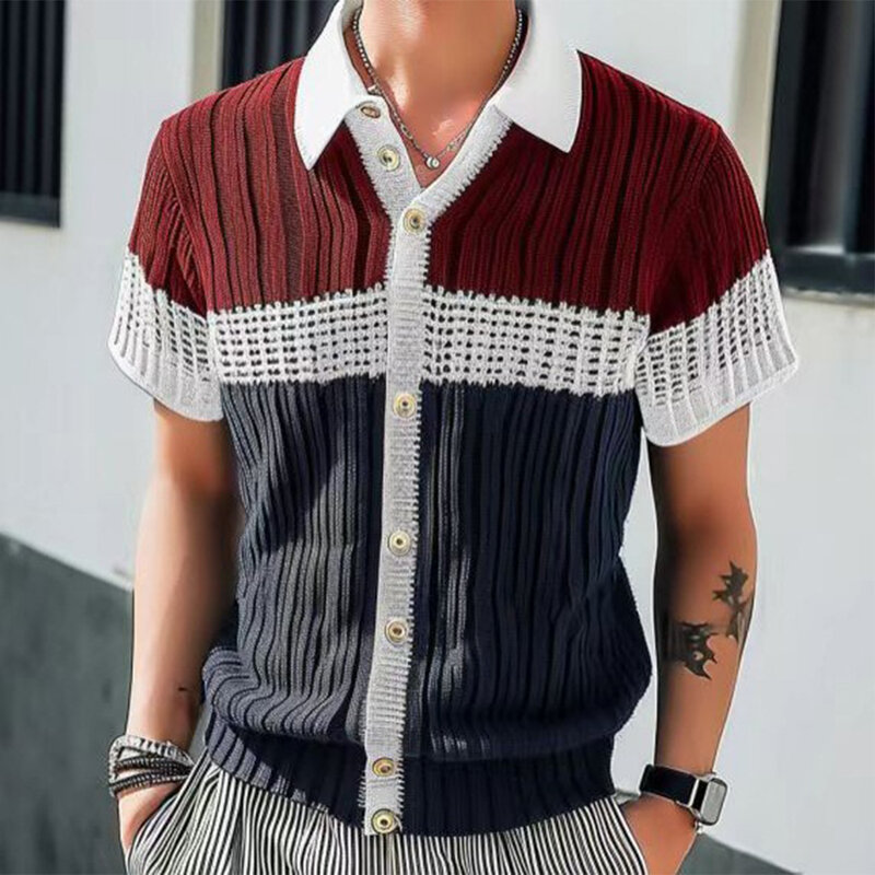 Affordable Brand New Top Men Top Casual Colorblock Cotton Knit Top Lapel Male Regular Shirt Short Sleeve Button
