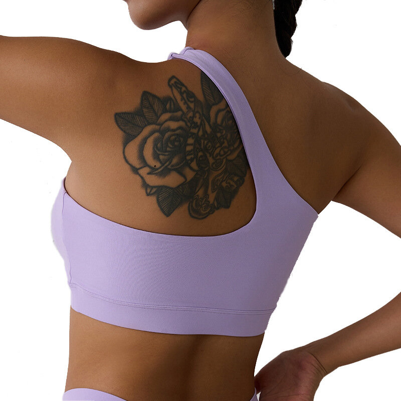 Bra olahraga Fitness Wanita, atasan warna Solid satu bahu Yoga atletik ketat Jog lembut dengan bantalan dada dukungan kekuatan tinggi