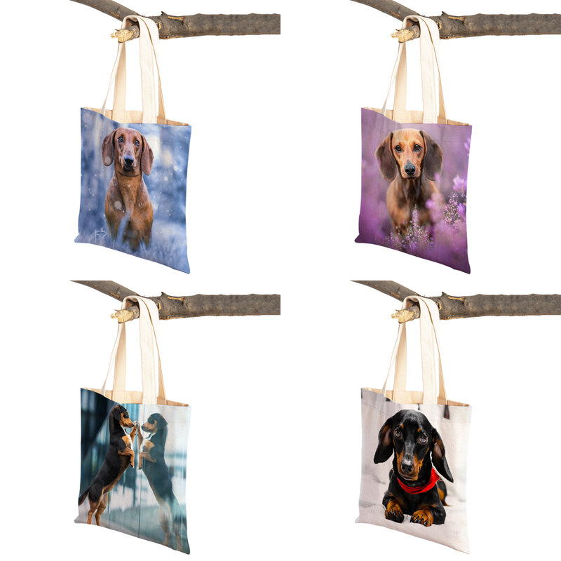 Mini Teckel Hond Vrouwen Canvas Dame Tote Handtas Herbruikbare Double Side Leuke Pet Dier Patroon Print Toevallige Boodschappentas