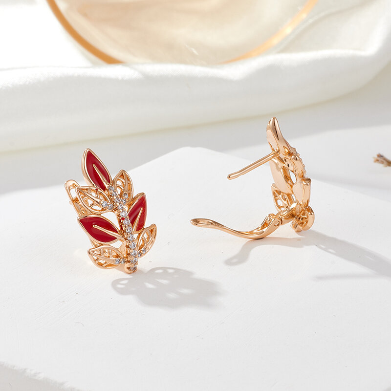 SYOUJYO anting daun Maple merah untuk wanita, anting-anting alami lilin zirkon bertatahkan perhiasan mewah 585 warna mawar emas