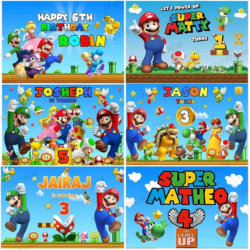 Customized Name Age Backdrop Super Marios Bros Theme  Kids Boy Kids Birthday Party Background Baby Shower  Banner Props Decor