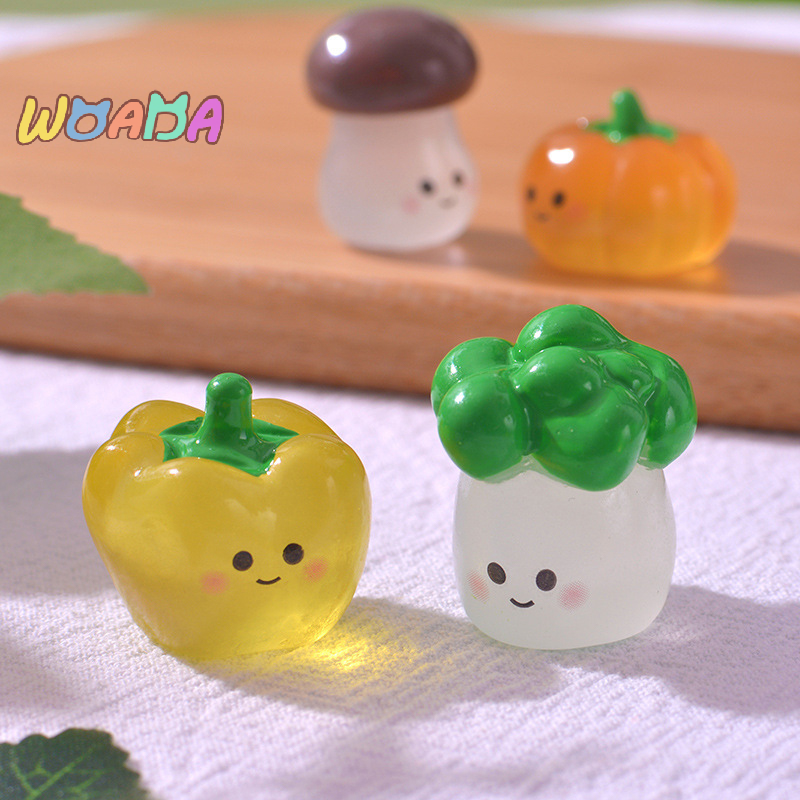 1 buah ornamen sayuran bercahaya kartun labu jamur brokoli boneka tomat lanskap mikro mainan miniatur rumah boneka