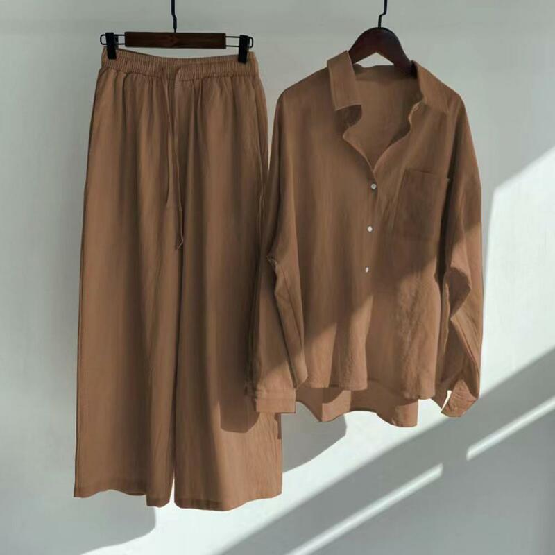 Women Daily Clothes Stylish Women's Plus Size Shirt Trousers Set Solid Color Long Sleeves Lapel Collar Blouse for Fashionable