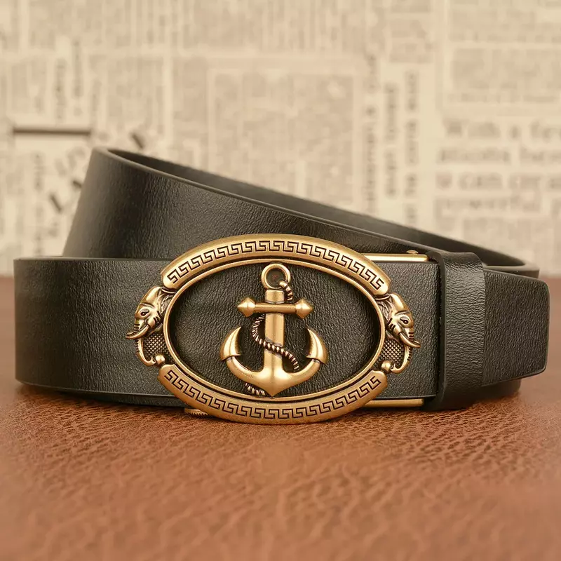 2024 New Anchor Automatic Buckle Two Layer Cowhide Belt Men's Casual Cowhide Belt New Personality Cowboy Belt
