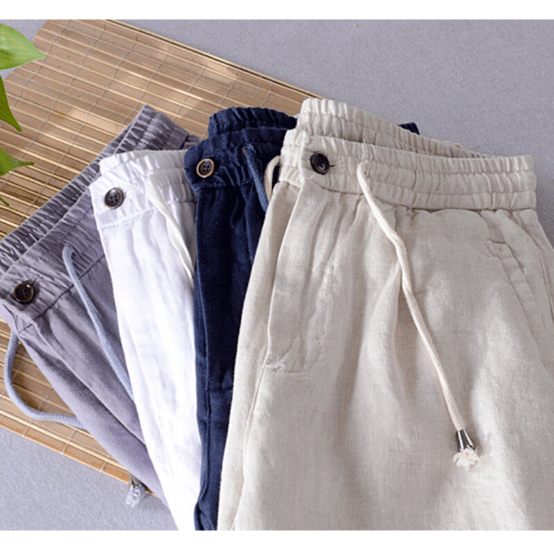 Pantalones cortos informales de lino puro para hombre, ropa transpirable, recta, cintura elástica, con cordón, FY7502, novedad de verano, 2024
