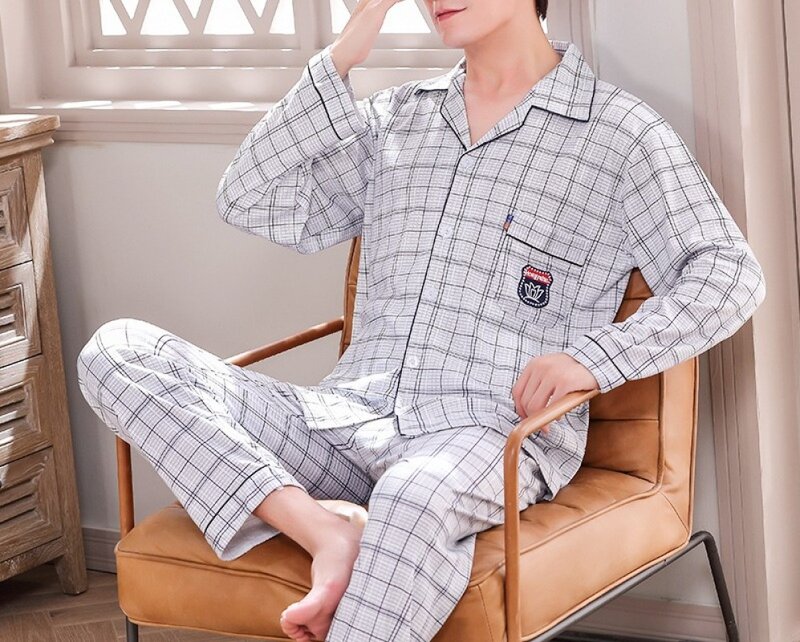 Spring Autumn and Winter Knitted Solid Cotton Men's Pajamas Printed Cardigan Polo Collar Long Sleeve Home Set