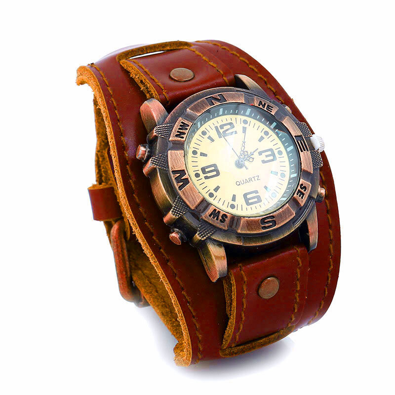 Jam tangan gelang pria wanita, jam tangan kasual Punk Vintage kulit sapi Aloi