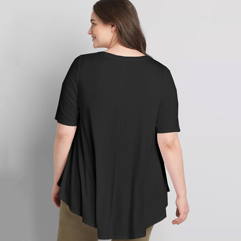 Plus Size z dekoltem w szpic lato na co dzień Hi niskie tunikowe bluzki kobiety z krótkim rękawem solidna czarna luźny krój bluzka typu bluzka i Top 7XL