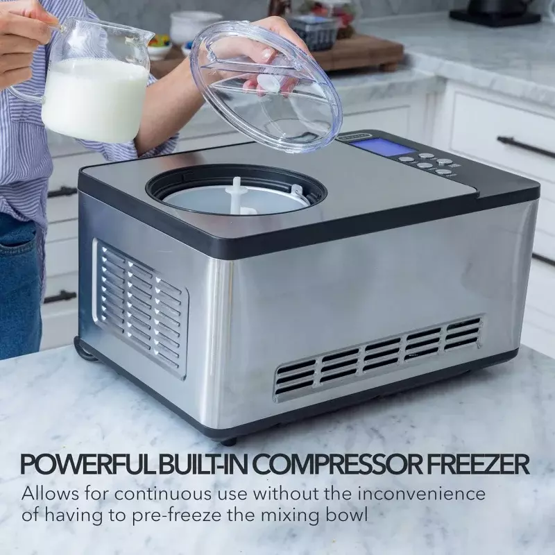 Whynter Automatic Ice Cream Maker, ICM-200LS, capacidade de 2,1 quartos, compressor embutido, sem pré-congelamento, display digital LCD