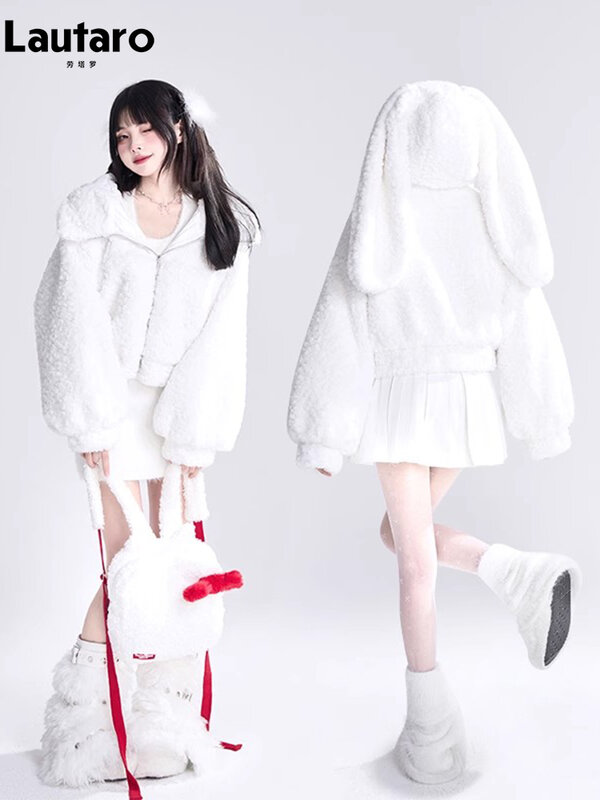Lautaro-abrigo corto de piel sintética con Orejas de conejo para mujer, chaqueta esponjosa con capucha, suave y cálida, color blanco, para otoño e invierno, 2023