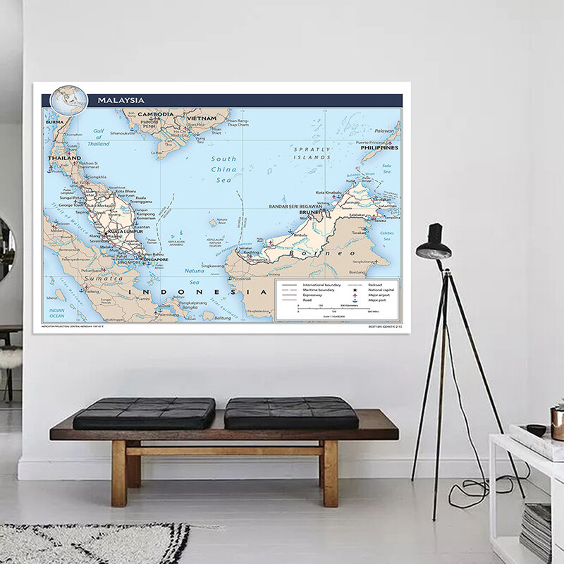 225*150cm o mapa administrativo da malásia em inglês não-tecido lona pintura parede sem moldura cartaz e impressão decoração para casa