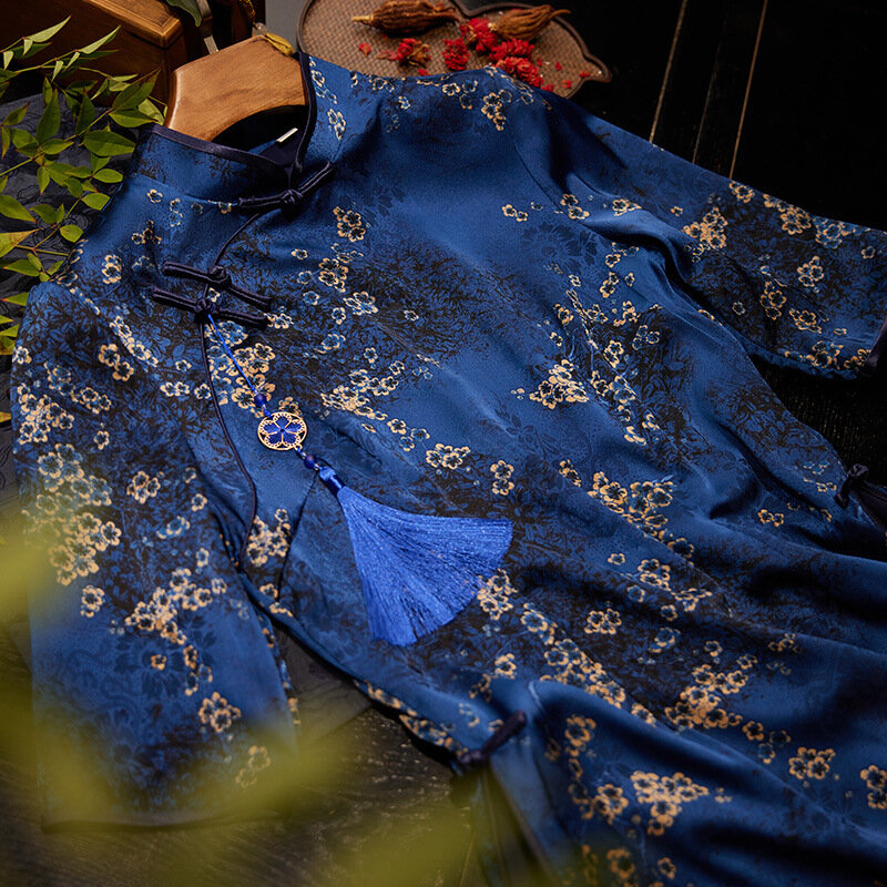 Chinese Aodai Dress Sexy Seven Points Sleeve Women Flower Printed Satin Mandarin Collar Qipao Oriental Cheongsam