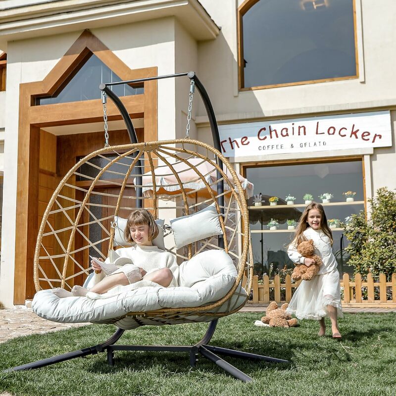 Double Egg Swing Chair with Stand, 1/2 Person Wicker Hanging Chair with Stand, Outdoor Indoor Oversized Hammock Chair