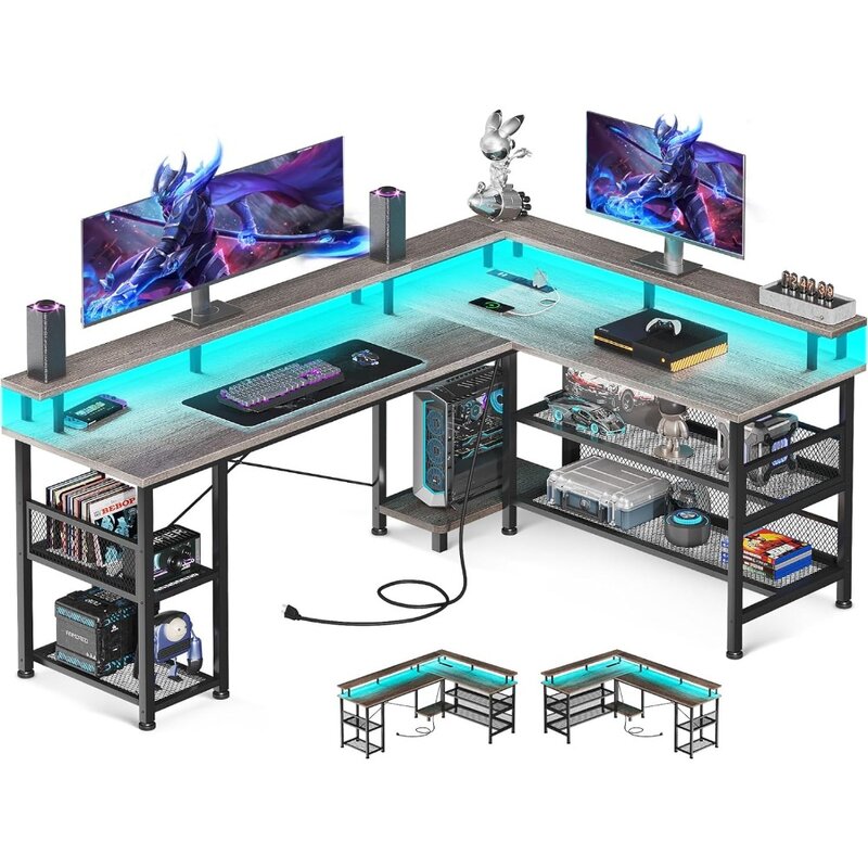 ODK meja Gaming, meja Gaming bentuk L dengan Outlet daya dan lampu LED, Meja Gaming PC dengan port USB, meja berbentuk L dapat dibalik