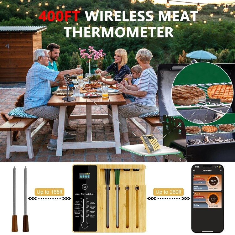 Termometer daging nirkabel 4-probe, termometer Digital daging Bluetooth jangkauan nirkabel 400 kaki, pemindai tahan hingga 16 jam