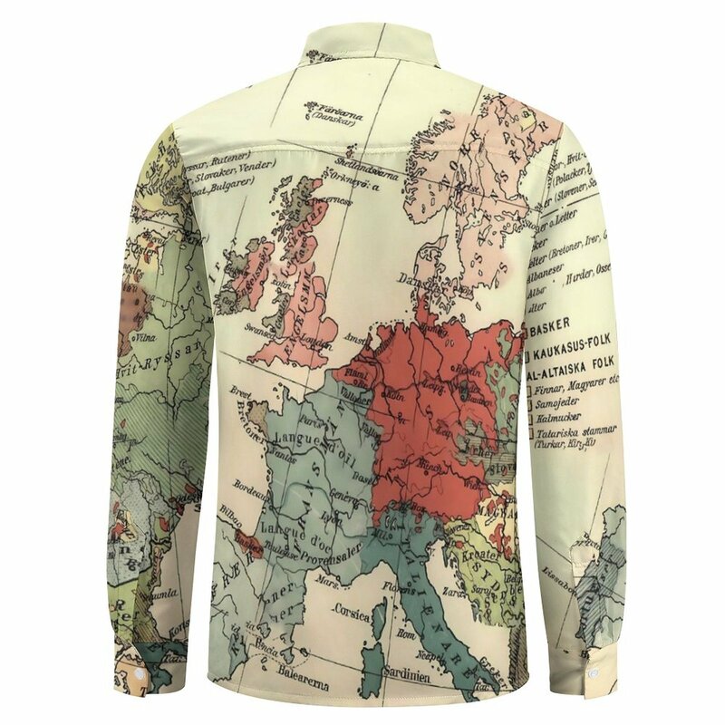 قميص جمالي كبير الحجم بأكمام طويلة للرجال ، بلوزات خريفية غير رسمية ، ملابس عالمية عتيقة ، هدية ، خريطة أوروبا ، العالم