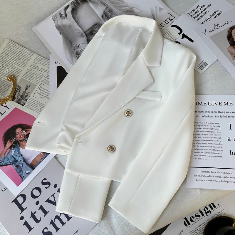New Spring and Autumn Women's Double Breasted White Suit Coat Casual Fit Long Sleeve Suit
