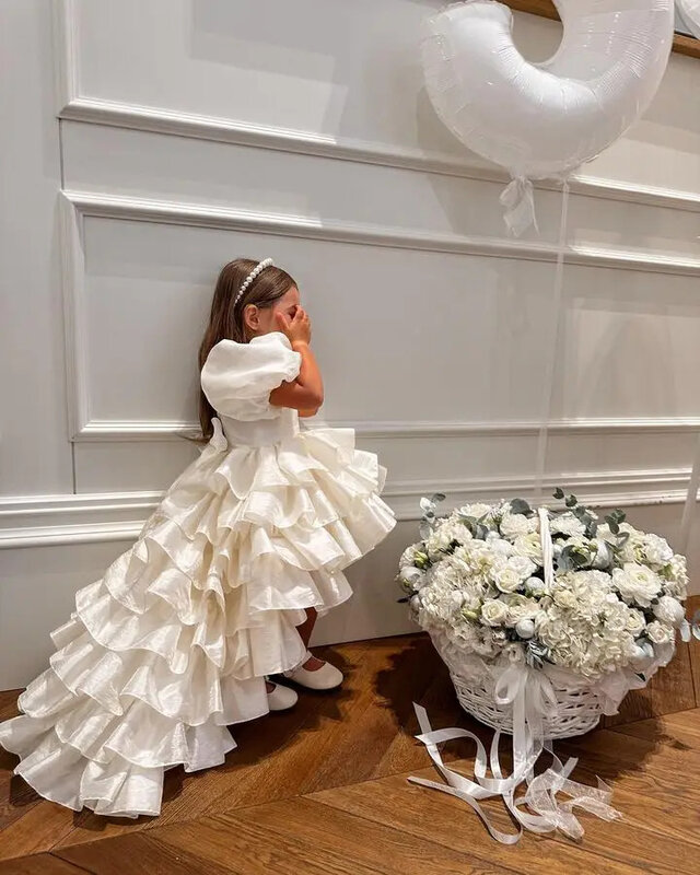 White Layered Flower Girl Dress For Wedding Puffy Satin With Bow Kid Birthday Party Princess Pageant Dress First Communion Gown