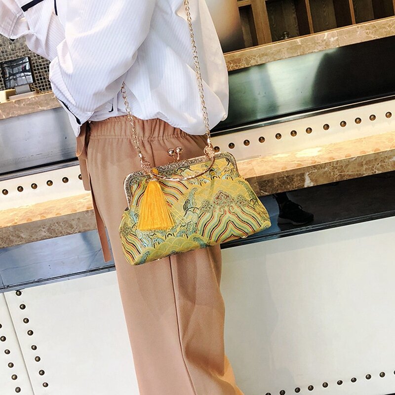 NEW-2 Pcs Retro Su Haiya Wind Cloth Bag Temperament Bag Gold Banquet Bag Portable Diagonal Package Yellow & Red