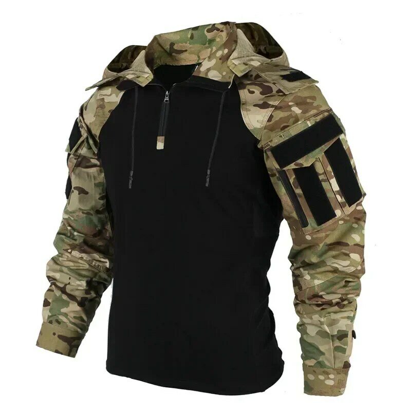 US Army Shirts Camouflage Multicam Military Combat T-Shirt Hooded Men Tactical Shirt Airsoft Paintball Camping Hunting Clothing