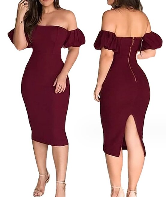 2024 Damen kleid sexy gewickelt Hüftrock Wein rot eine Schulter Blase Ärmel Reiß verschluss zurück geteilt enges Kleid