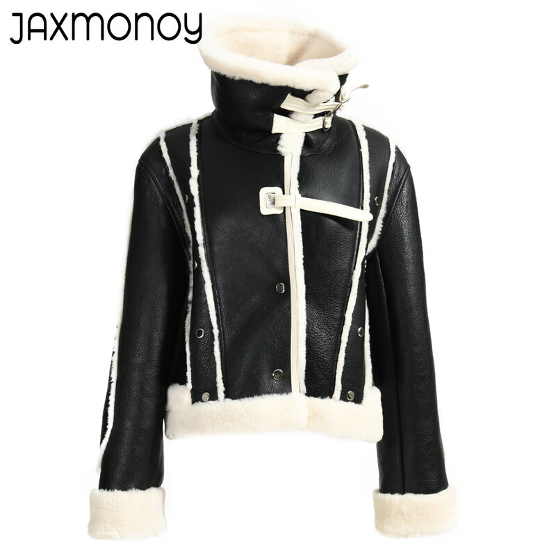 Jaxmonoy-abrigo de piel auténtica para mujer, chaqueta de piel de oveja de doble cara, prendas de vestir de piel de oveja, 2022