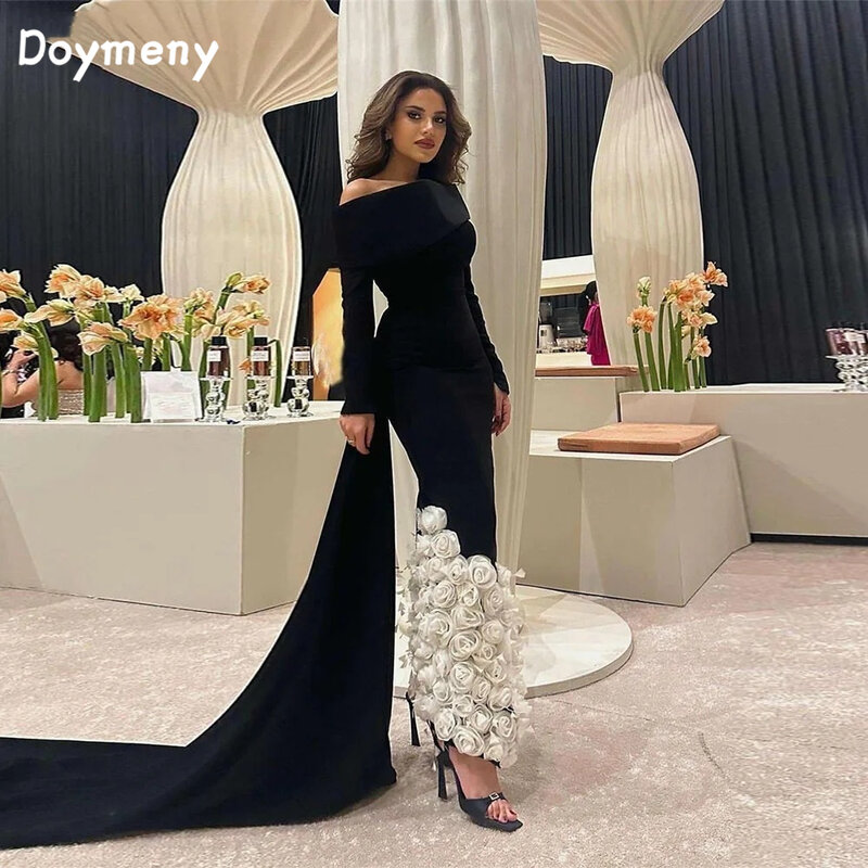 Doymeny-Sereia vestidos de noite para mulheres, mangas completas, cetim flores, trem longo mangas de baile, Arábia Saudita, ocasiões formais
