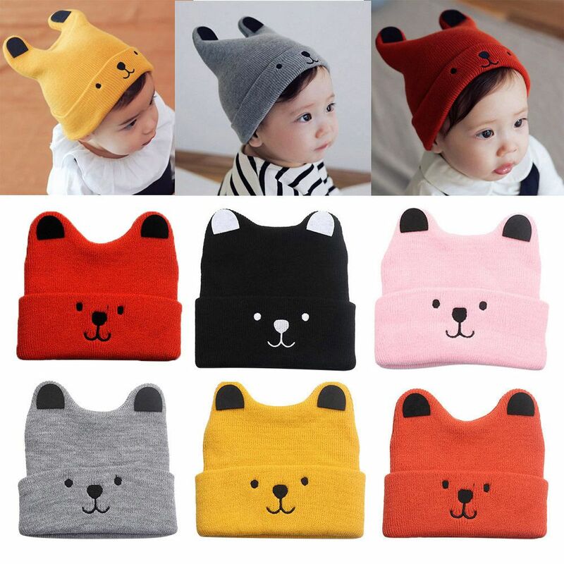 Однотонная хлопковая зимняя теплая шапка с ушками для мальчиков и девочек, шапки, вязаная шапочка для новорожденных, шапочки для малыша