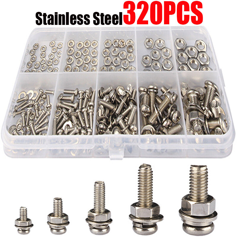 320Pcs Stainless Steel SS304 Screws an Head Screws Nuts Bolts Assortment Kit M2 M2.5 M3 M4 M5 Metic Nut and Bolt Assortment