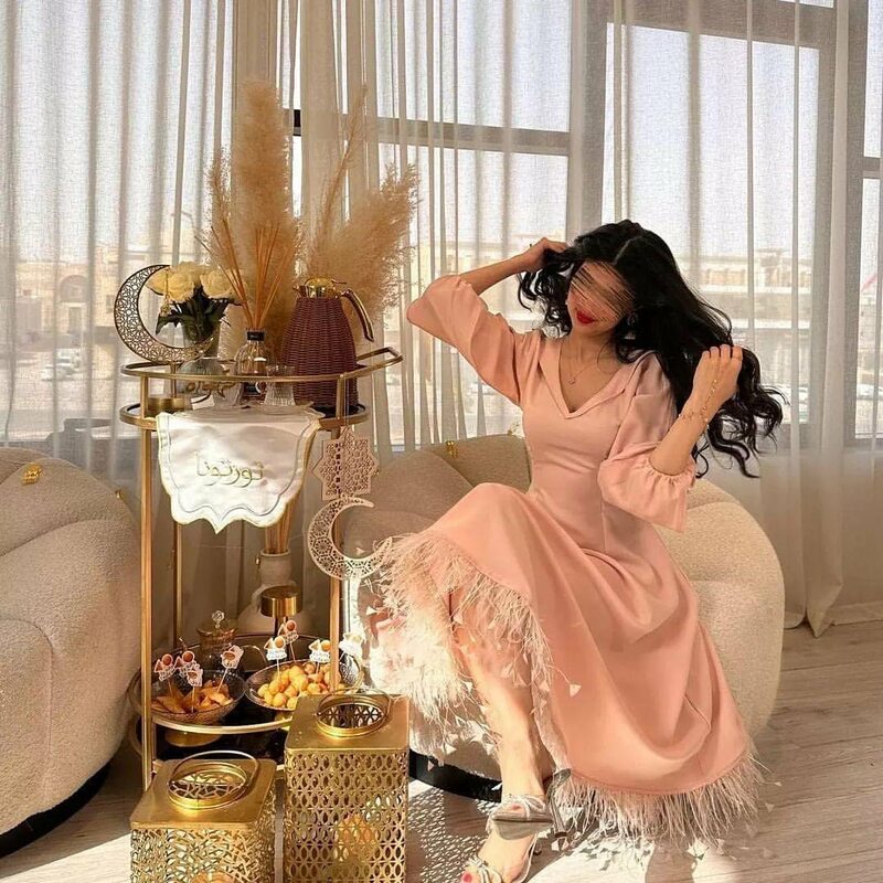 Роскошные розовые платья до середины икры с V-образным вырезом и длинными рукавами для выпускного вечера элегантные вечерние наряды для Саудовской Аравии женское официальное на заказ
