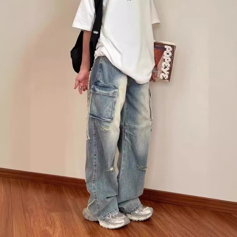 Jeans Men Pants Wide Leg Summer Straight Loose Fit Retro Denim Pants Streetwear Fashion Pockets Vintage High Street Man Clothes
