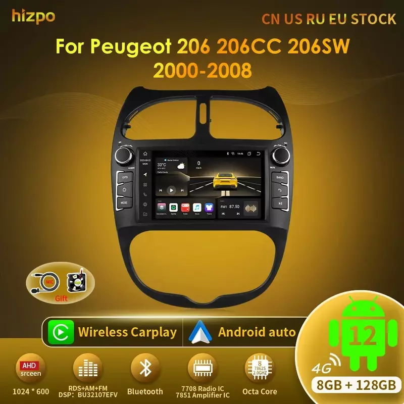 Hizpo-Leitor multimídia de carro, rádio automático, GPS, Autoradio, Android 12, Carplay, Navi, 2din, Peugeot 206, 206CC, 206SW, 2000-2008, 7862