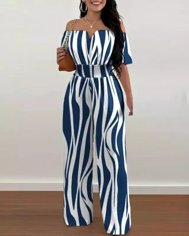 Jumpsuits for Women Spring Fashion Off Shoulder Casual Plain Short Sleeve Shirred Waist Daily Long Wide Leg Jumpsuit 2024 OFE02