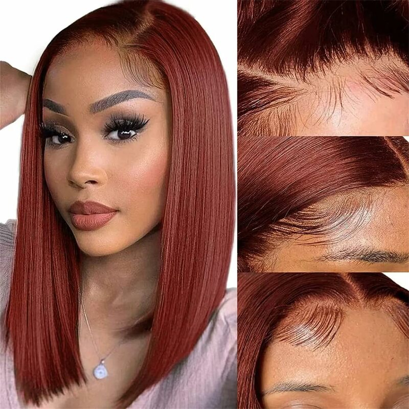 Perruque Bob Lace Front Wig naturelle sans colle, cheveux courts, brun roux, 13x4, pre-plucked, avec baby hair, densité 180%, pour femmes africaines