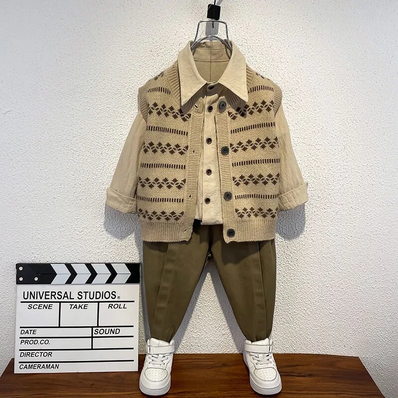 남아용 스웨터 조끼 셔츠 바지, 멋진 3 종 세트, 한국 에디션, 2-7 세 용수철, 가을 신상