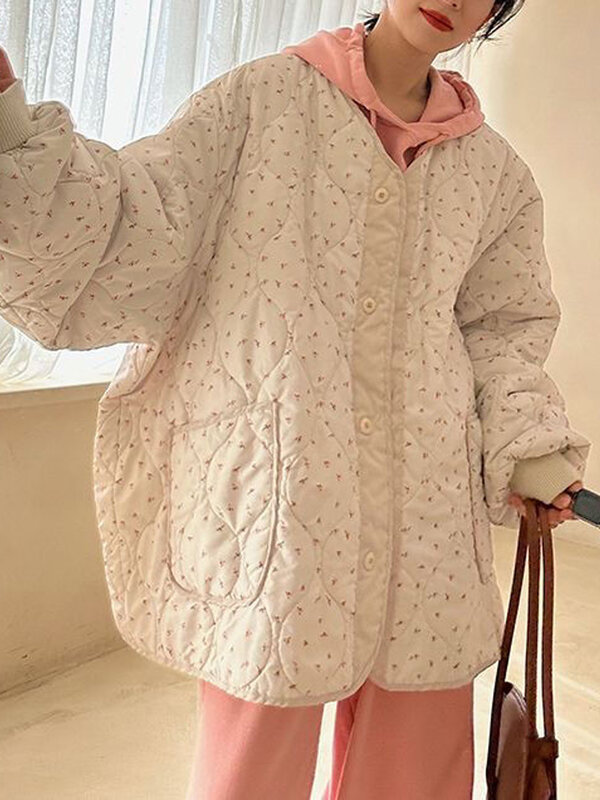 Oversized Cotton Coat Women Sweet Floral Print Padded Coats Female Korean Fashion Chic Outerwear Winter Loose Button Up Coats