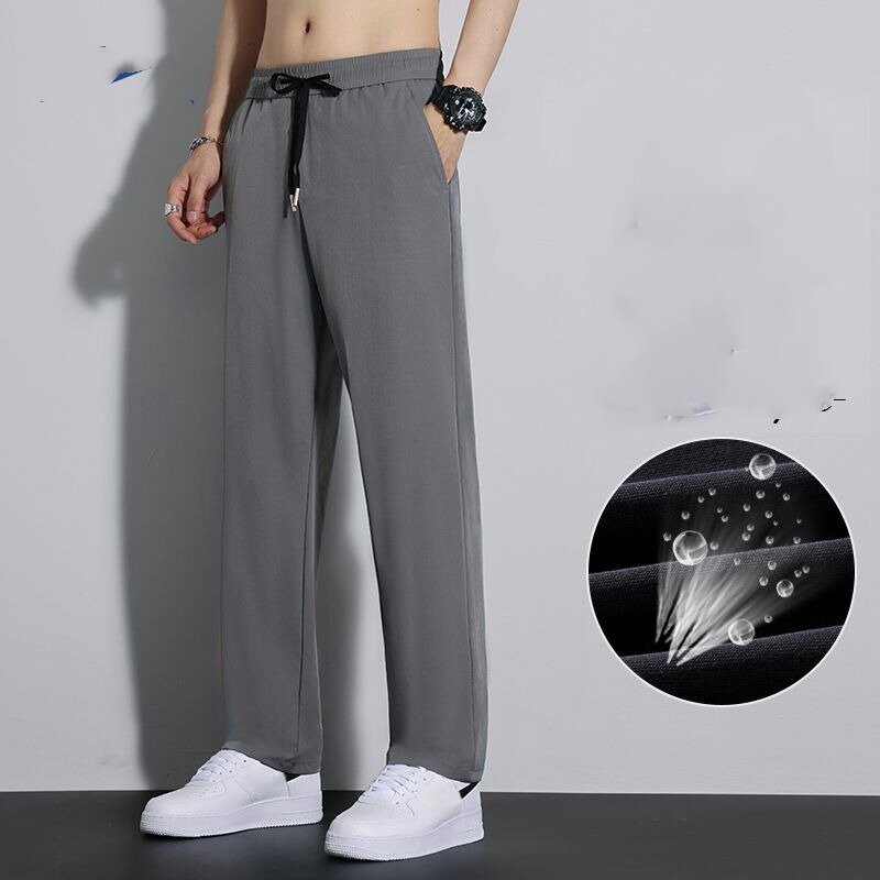 Minimalist Summer Solid Color Pockets Men's Elastic Waist Drawstring Ice Silk Fabric Casual Loose Casual Wide Leg Straight Pants