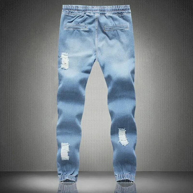 Pantalones de chándal rasgados para hombre, Jeans con agujeros, cordón hasta el tobillo, pantalones ajustados, pantalones de lápiz