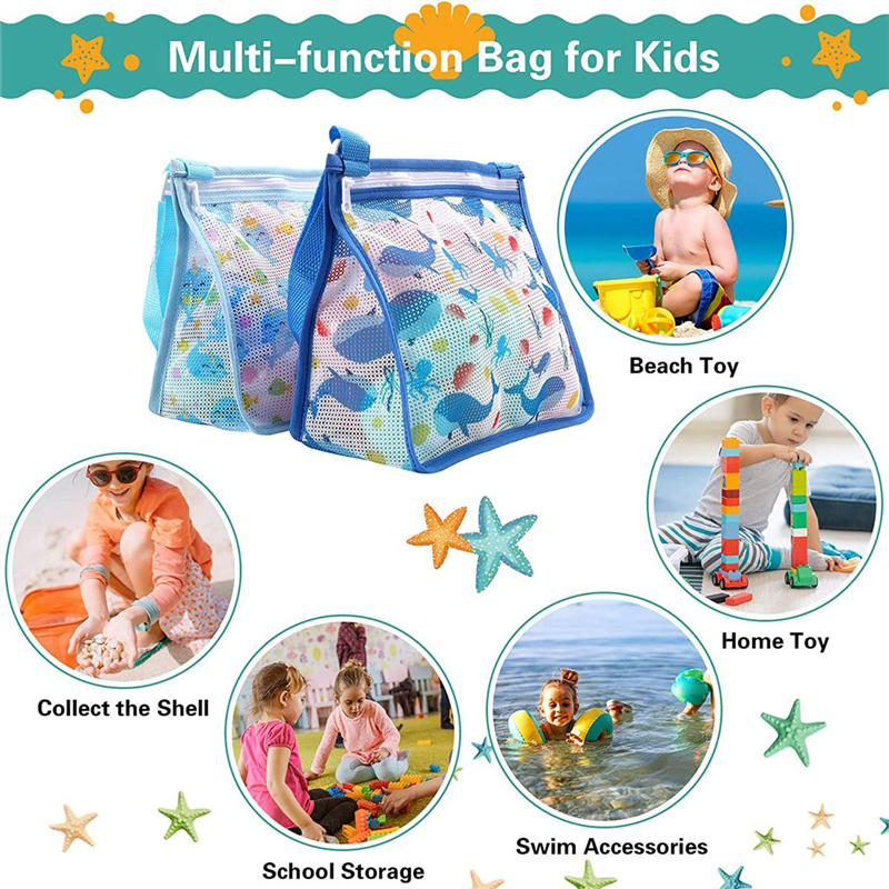 Malha sacos de praia com zíper para crianças, brinquedo praia, coleção Seashell, Shell coletando sacos, 3 PCs