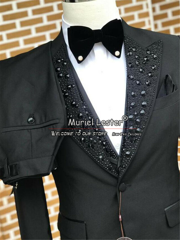 Traje negro ajustado para hombre, Blazer de lujo con cuentas de piedra, ropa de novio a medida, esmoquin de boda, vestido de negocios hecho a medida, 3 piezas