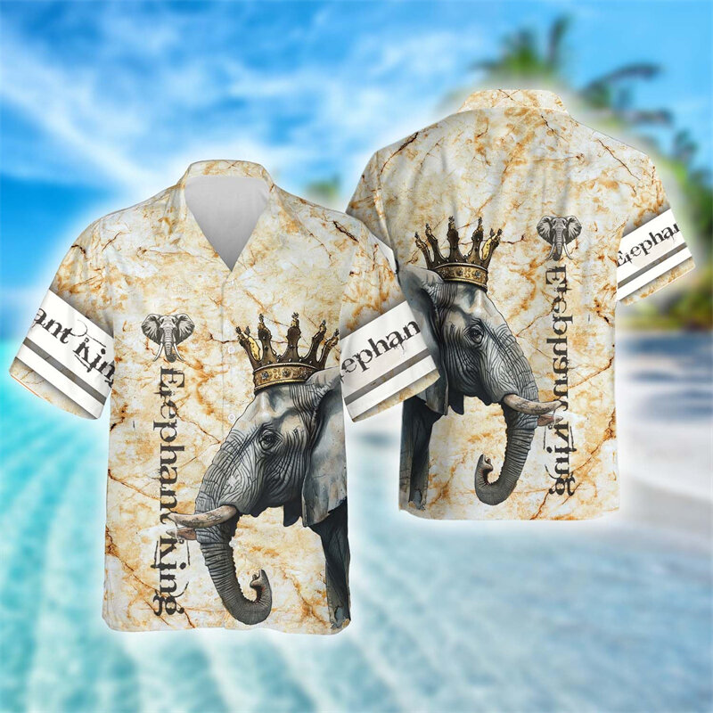 Funny Elephant Graphic Shirts For Men Clothes Casual Vacation Party Lapel Blouse Zoo Animal Blouses Fashion Hawaii Short Sleeve
