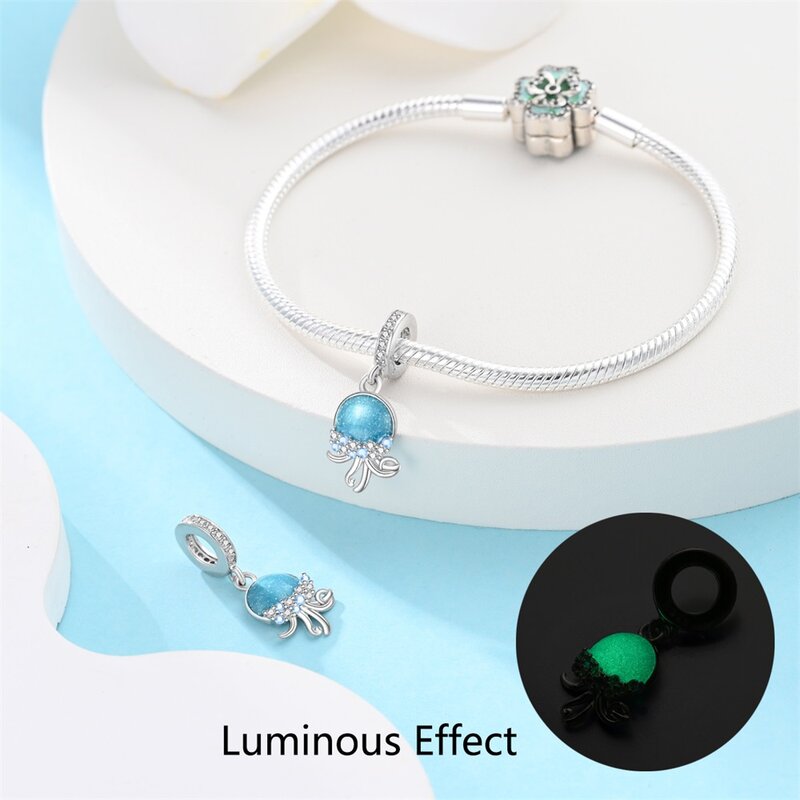 Exquisite 925 Sterling Silver Sparkling Blue Jellyfish Ocean Charm Fit Pandora Bracelet Women's Dating Jewelry Accessories